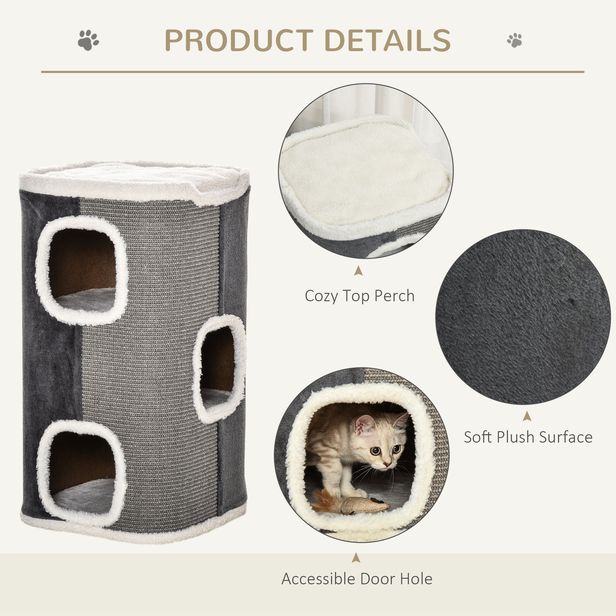 Cat Barrel Kitten Tree Tower Sisal Scratching Pet Furniture Climbing Frame Cozy Platform Soft Plush & Lamb Fleece Grey