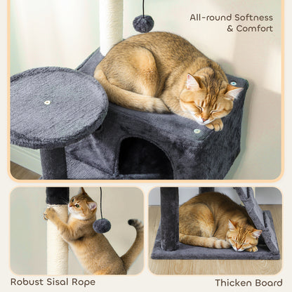 PawHut 160cm Large Cat Tree Tower with Sisal Scratching Posts, Condos, Plush Perches, Hammock, Ladder, Dark Grey PawHut