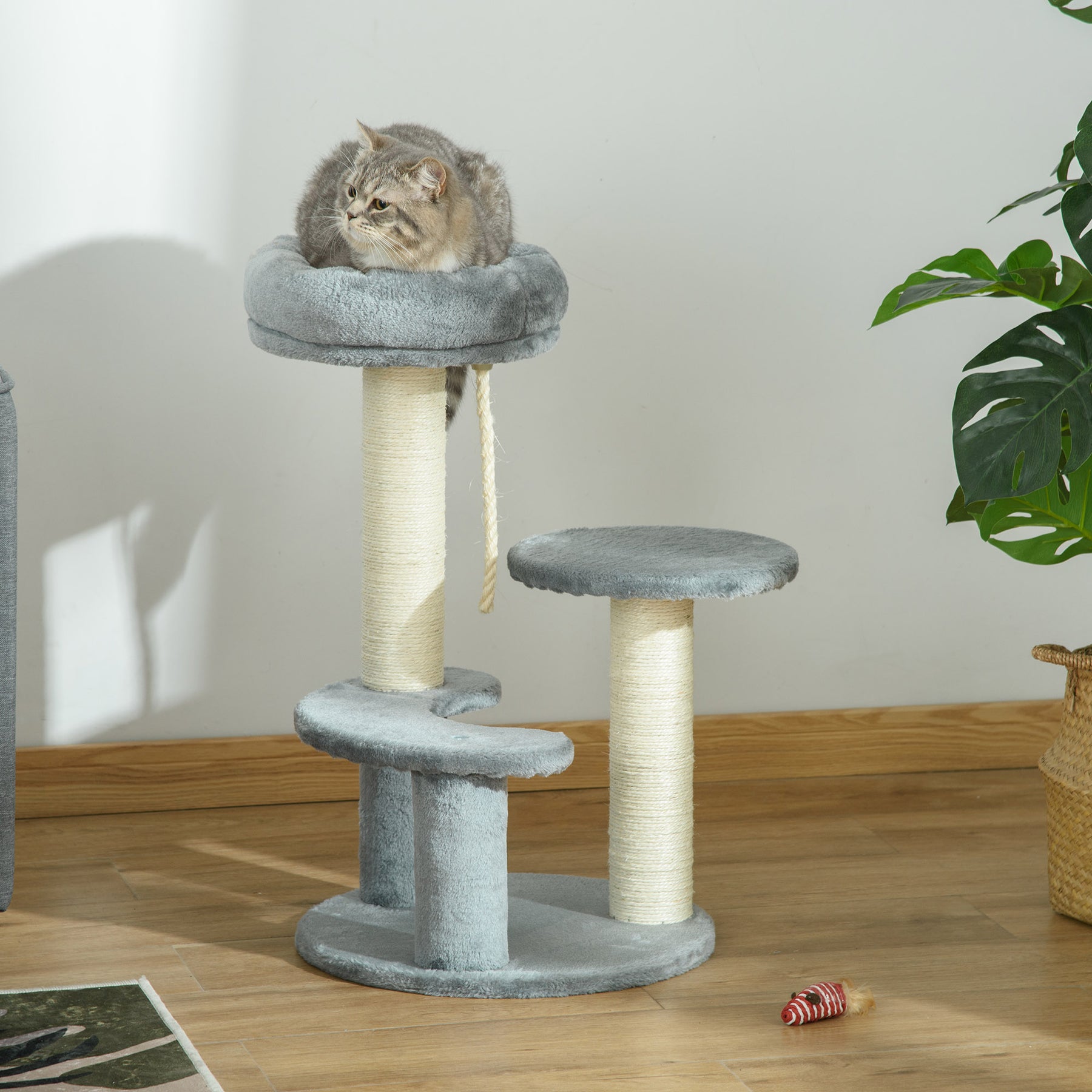 Cat Tree  Kitty Scratcher, Kitten Activity Centre with 2 Perches & Hanging Sisal Rope, Grey