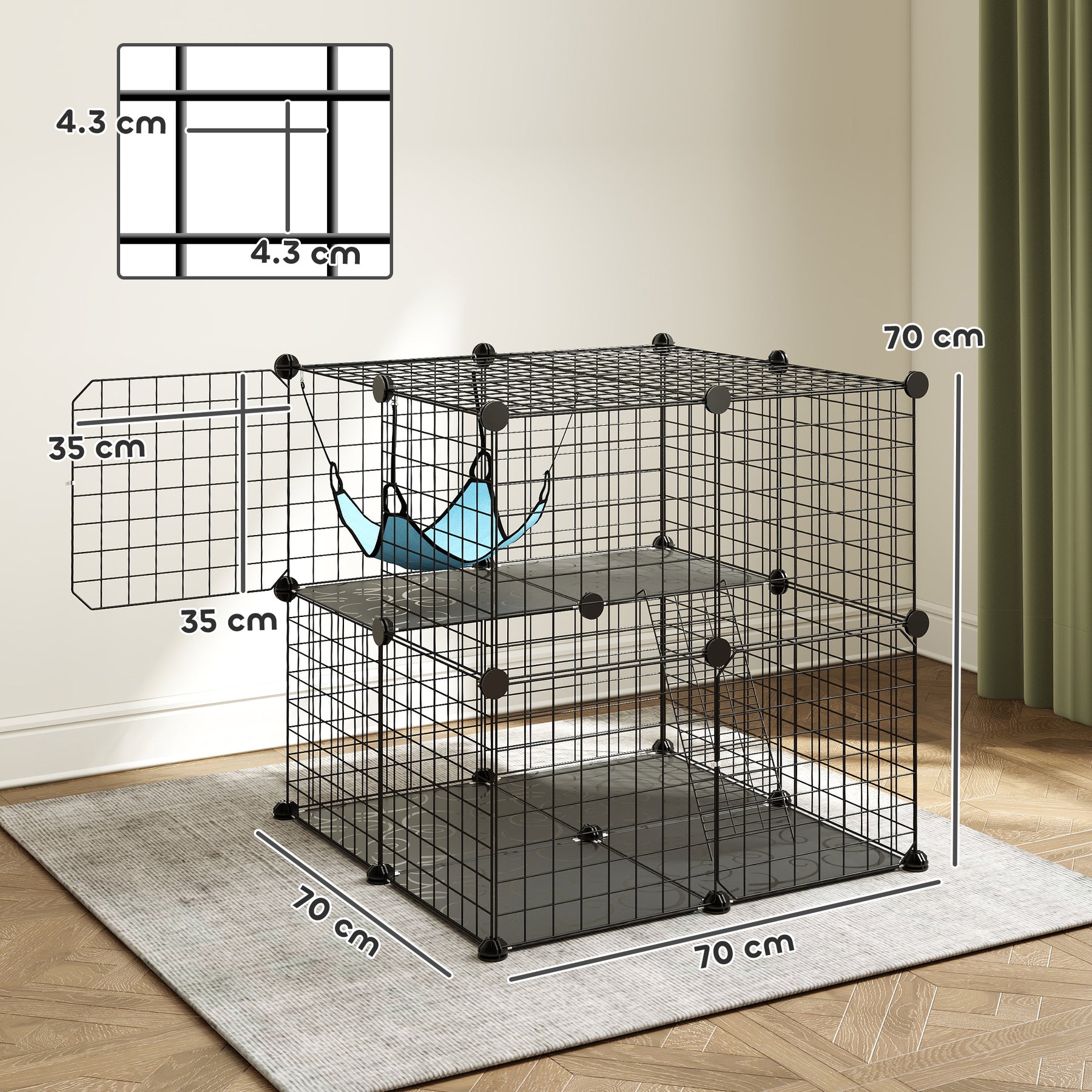 Indoor Cat Cage DIY Customizable 2-Tier Indoor Cat Enclosure with 2 Doors and Hammock  Black