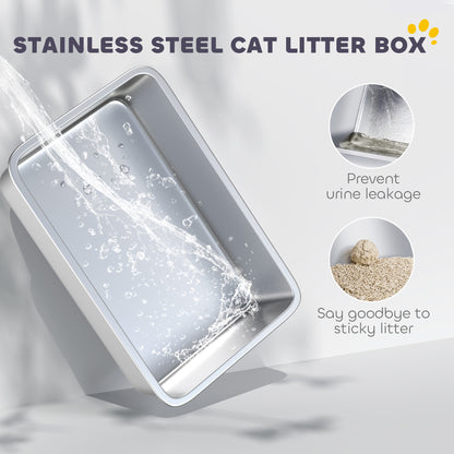 PawHut Stainless Steel Cat Litter Box with Removable Lid, Scoop, Filter Bags, for Larger Cats, Grey PawHut