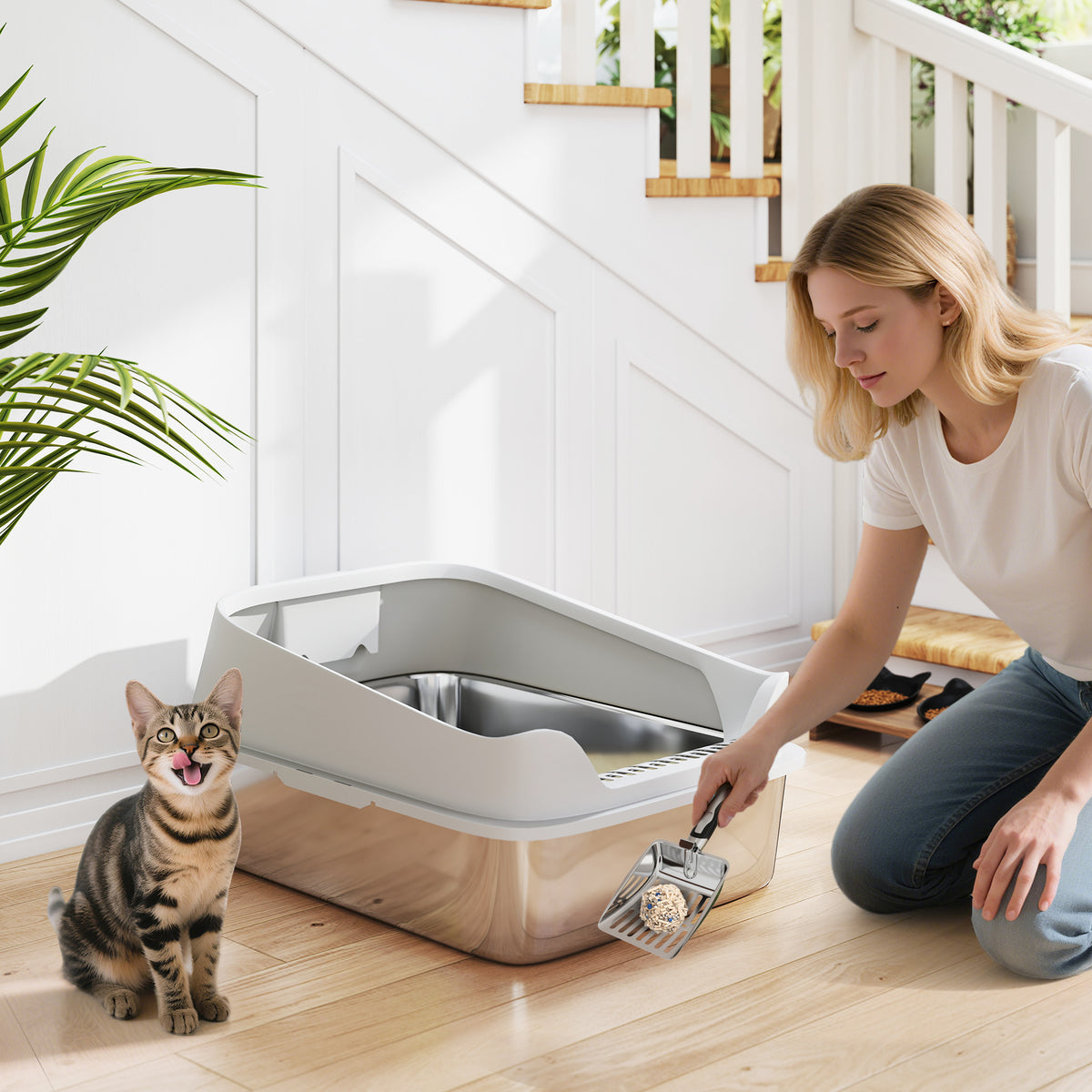 PawHut XXL Stainless Steel Cat Litter Box with High Sides, Metal Scoop, 70 x 50 x 30 cm PawHut