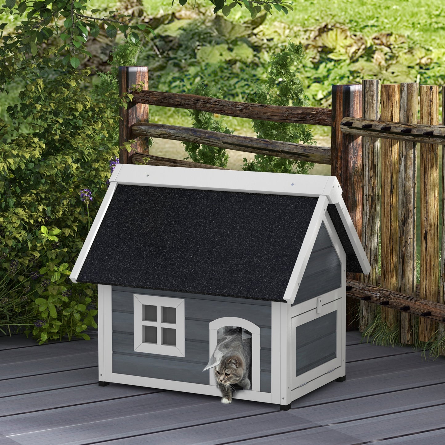 Outdoor Cat House Wooden Feral Shelter Waterproof Hide With Aosom UK