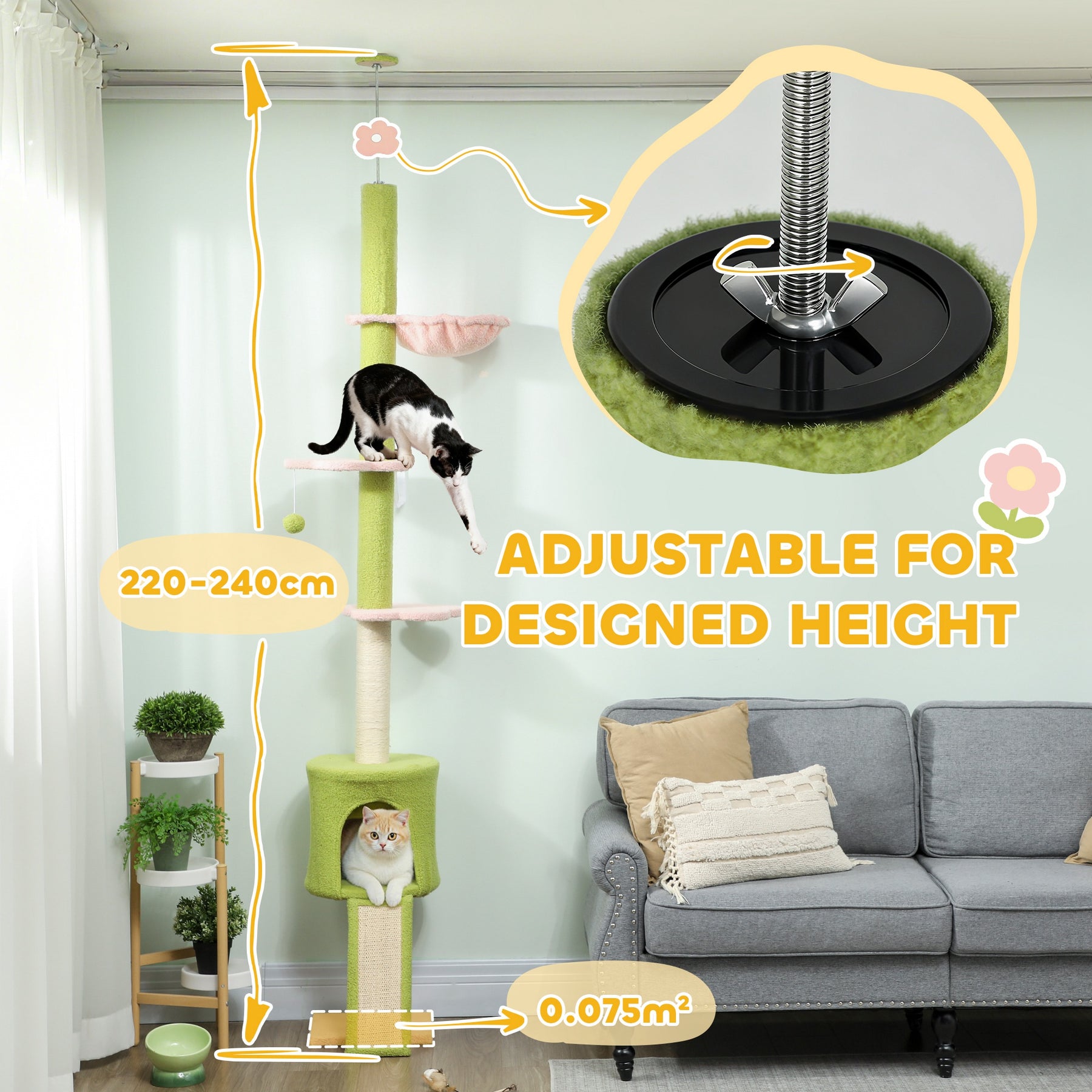 Floor to Ceiling Cat Tree Adjustable Height with Hammock, Condo, Scratching Posts, Green