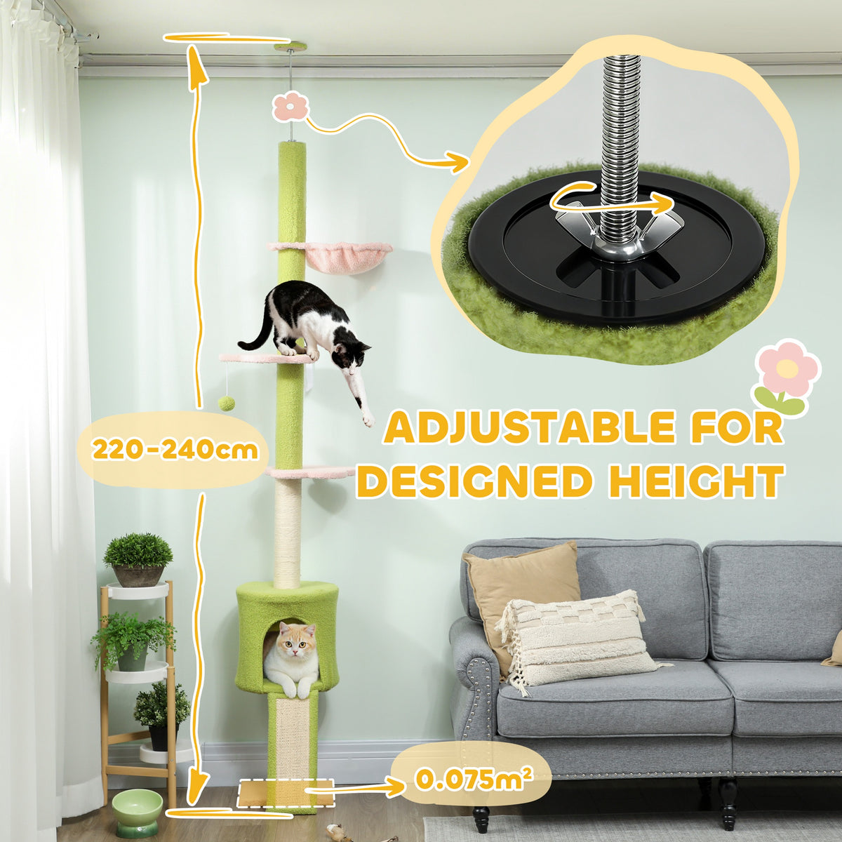 PawHut 220-240 cm Floor to Ceiling Cat Tree Adjustable Height with Hammock, Condo, Scratching Posts, Green PawHut