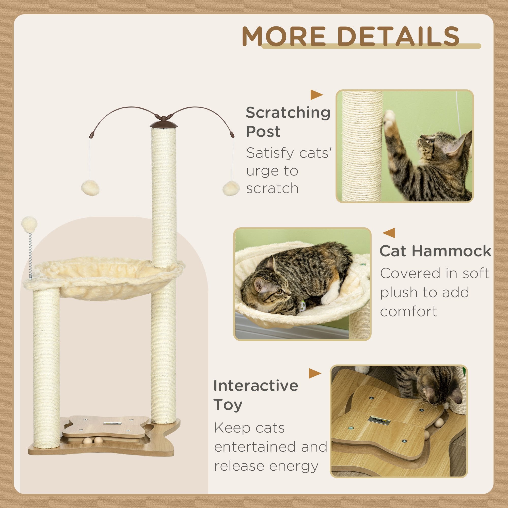 Cat Tree Indoor Kitten Play Tower, Sisal Scratching Posts with Hammock & Ball Toy, Beige