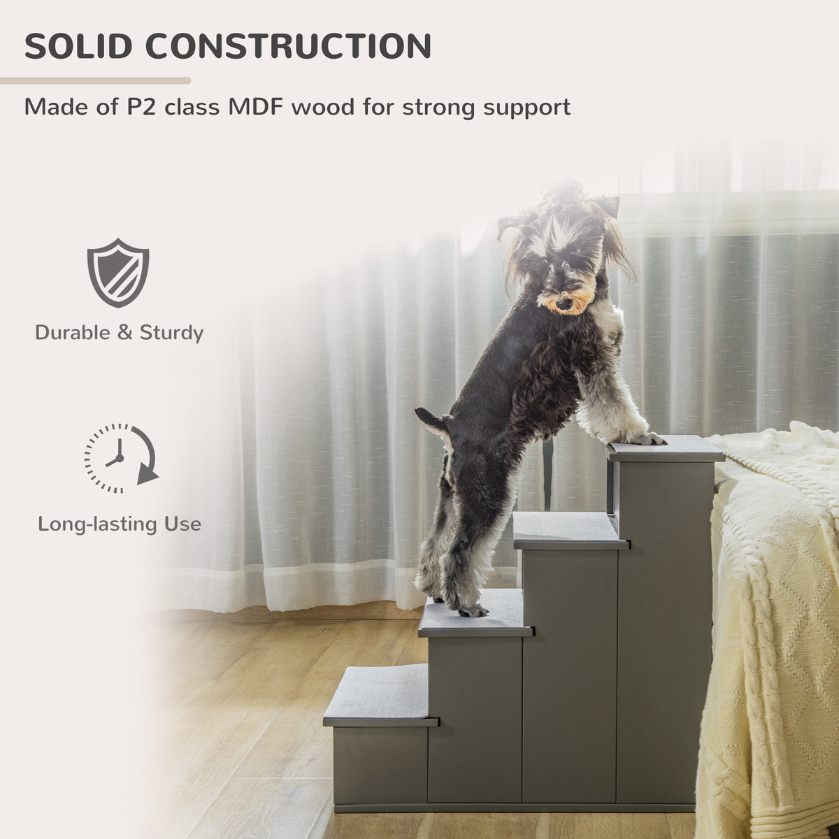 PawHut 4 Step Dog Steps for Bed, Wooden Dog Steps for Sofa, Pet Stairs for Bed Couch with Non-Slip Carpet for Cats and Puppies, 40 x 59 x 54.2 cm, Grey PawHut