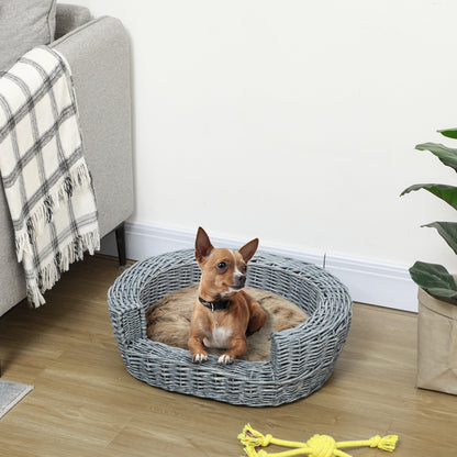 PawHut Wicker Pet Bed Willow Dog Cat Sofa Puppy Basket with Cushion Grey 57L x 46W x 17.5H cm PawHut