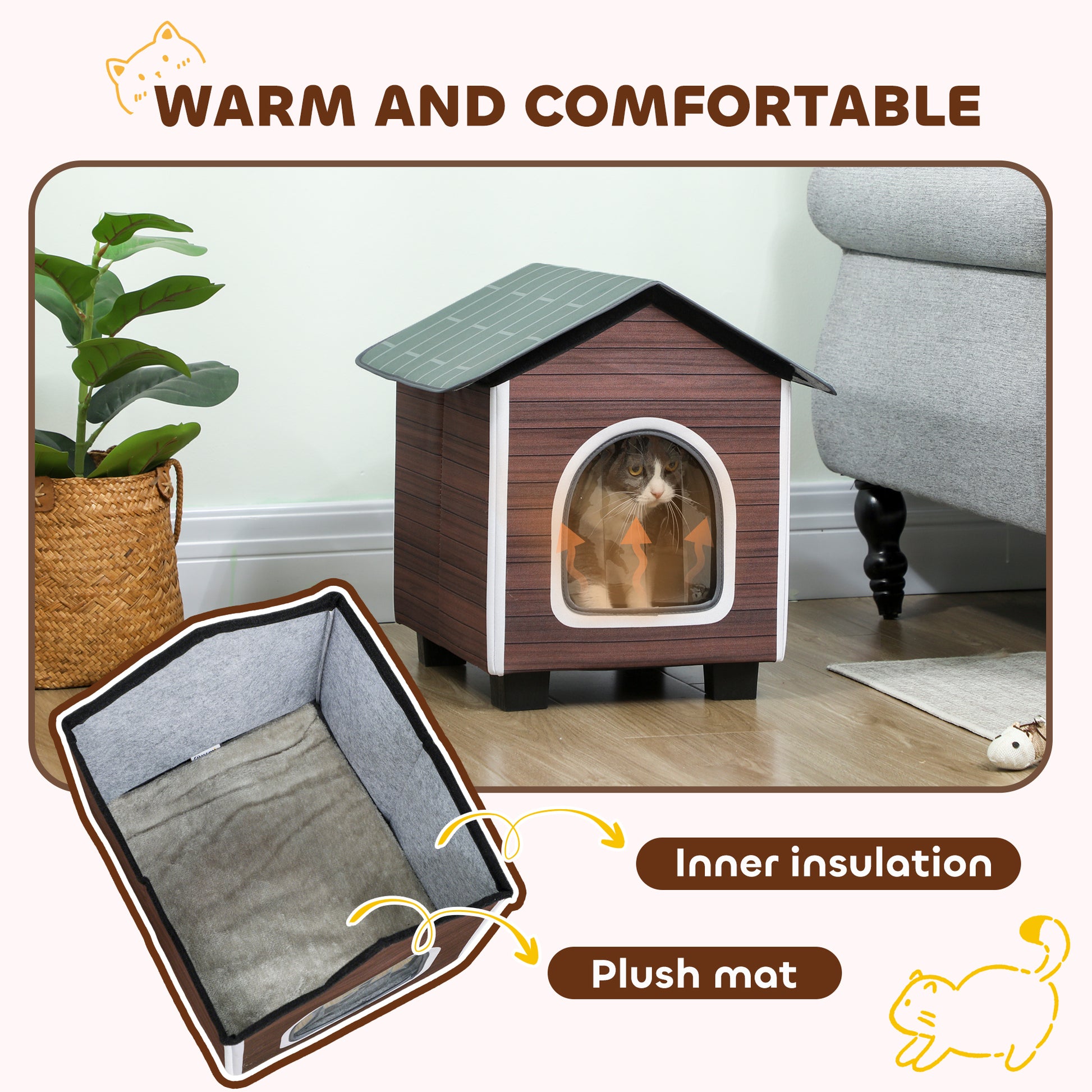 Insulated Outdoor Cat House, Waterproof Feral Cat Shelter with Elevated Base and Cushion, Red-brown