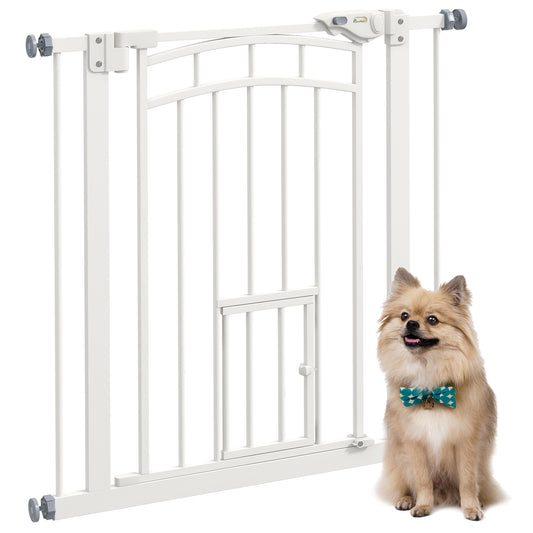 PawHut Pressure Fit Stair Gate, Dog Gate w/ Small Cat Door, Auto Closing System, Double Locking Openings, 74-80cm - White PawHut Default Title