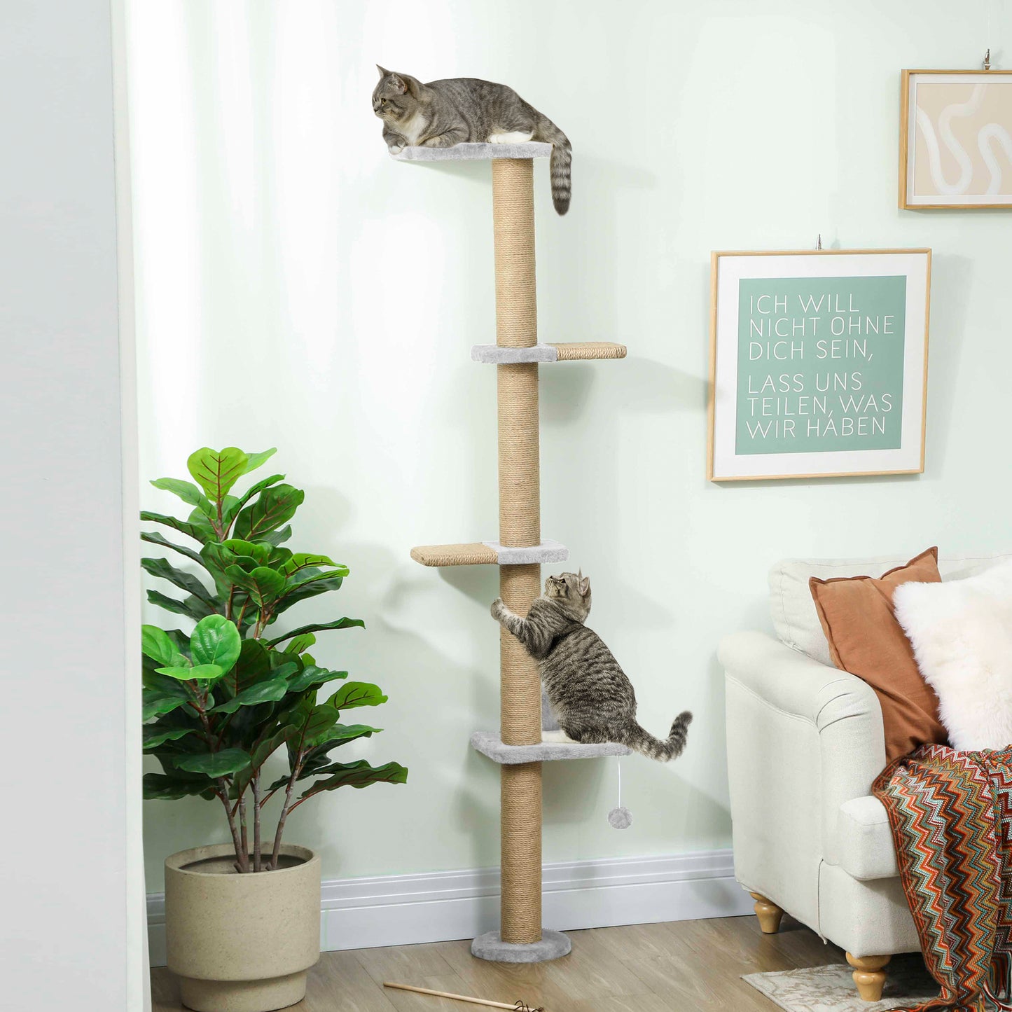 Wall Mounted Cat Shelves, Cat Climbing Wall with 4 Climbing Platforms, Jute Scratching Post and Toy Ball  Light Grey