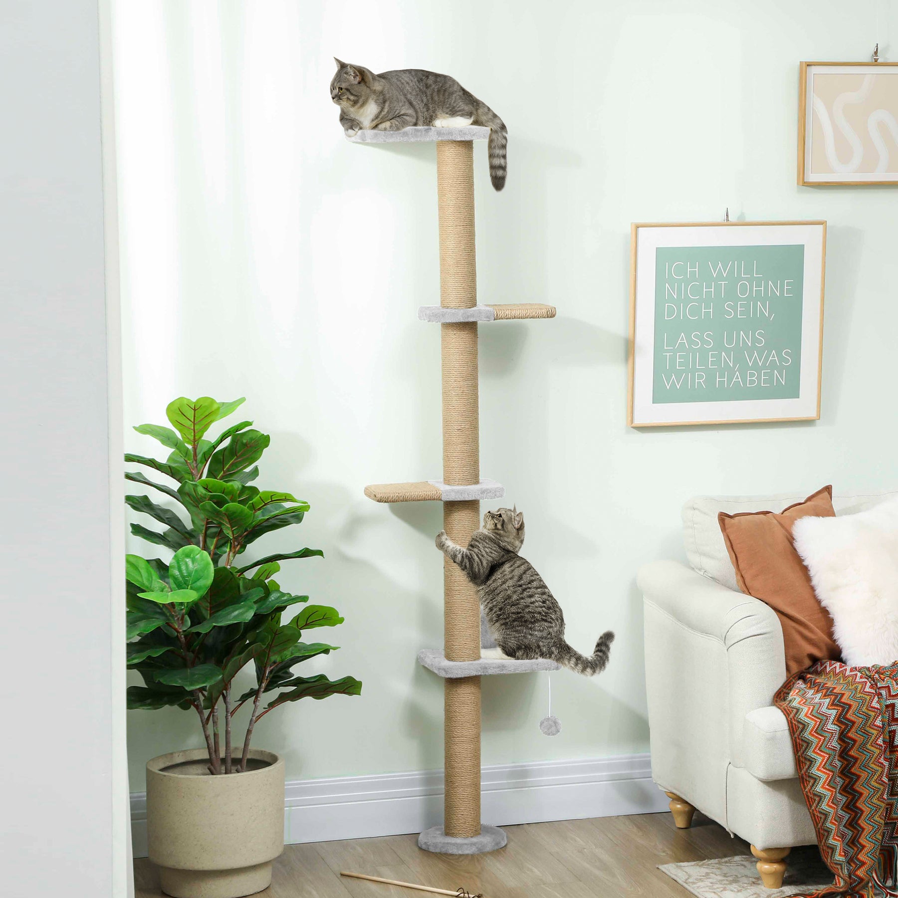 Wall Mounted Cat Shelves, Cat Climbing Wall with 4 Climbing Platforms, Jute Scratching Post and Toy Ball  Light Grey