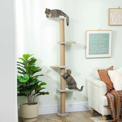 Wall Mounted Cat Shelves, Cat Climbing Wall with 4 Climbing Platforms, Jute Scratching Post and Toy Ball  Light Grey
