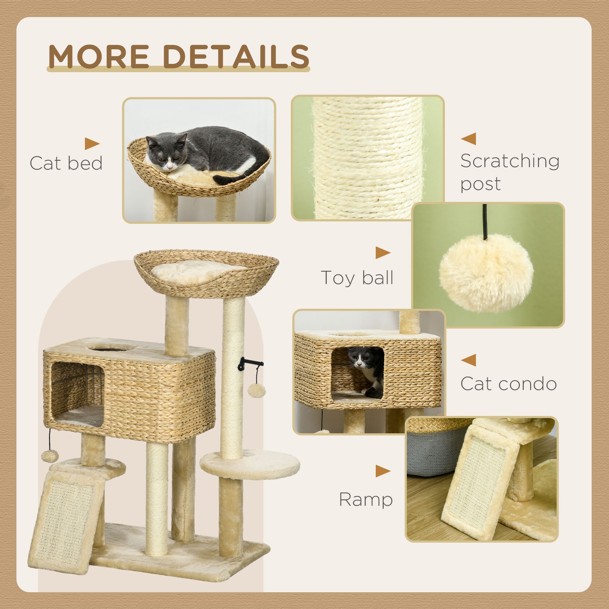 Cat Tree Tower for Indoor Cats, with Scratching Post, Cat House, Toy Ball, Platform - Beige