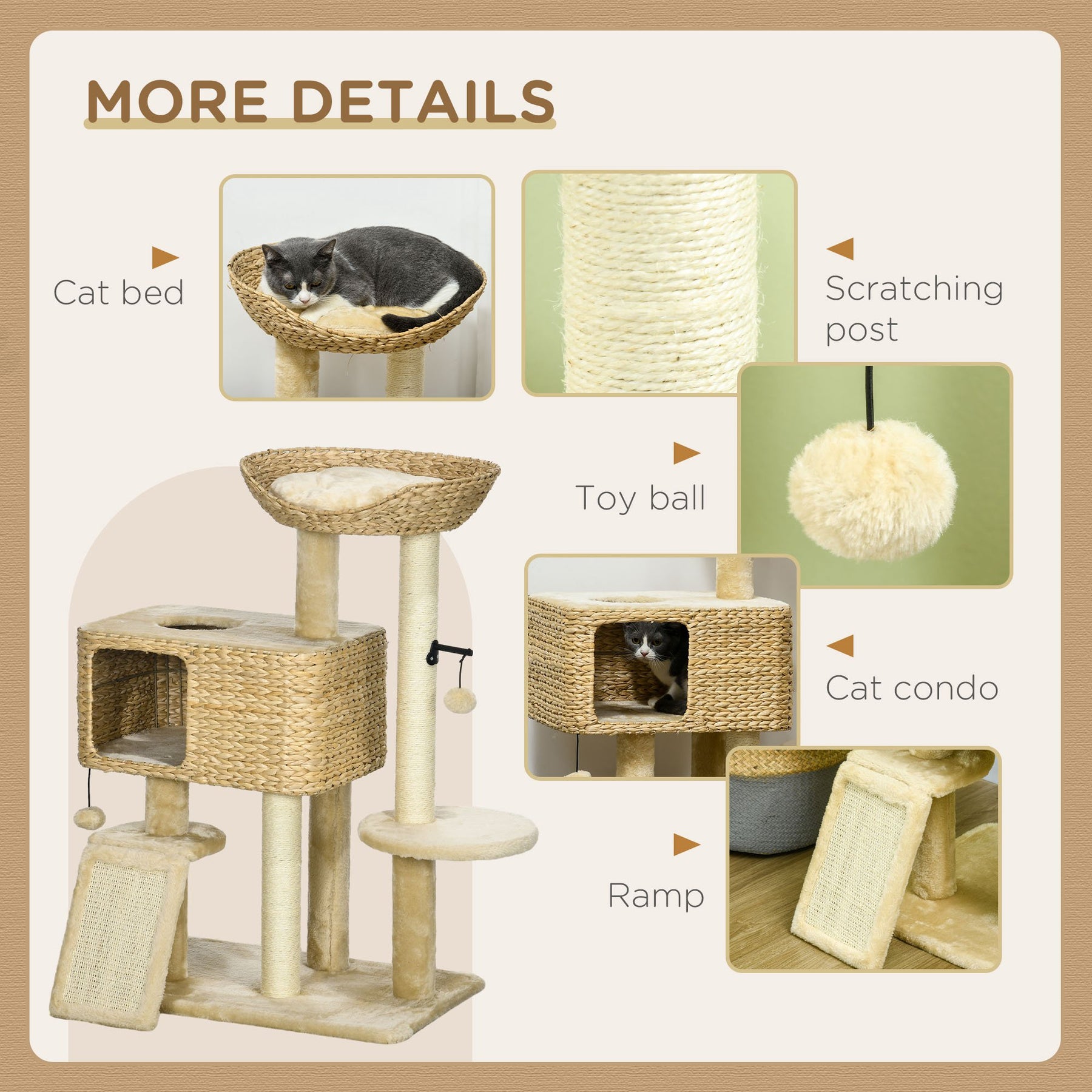 Cat Tree Tower for Indoor Cats, with Scratching Post, Cat House, Toy Ball, Platform - Beige