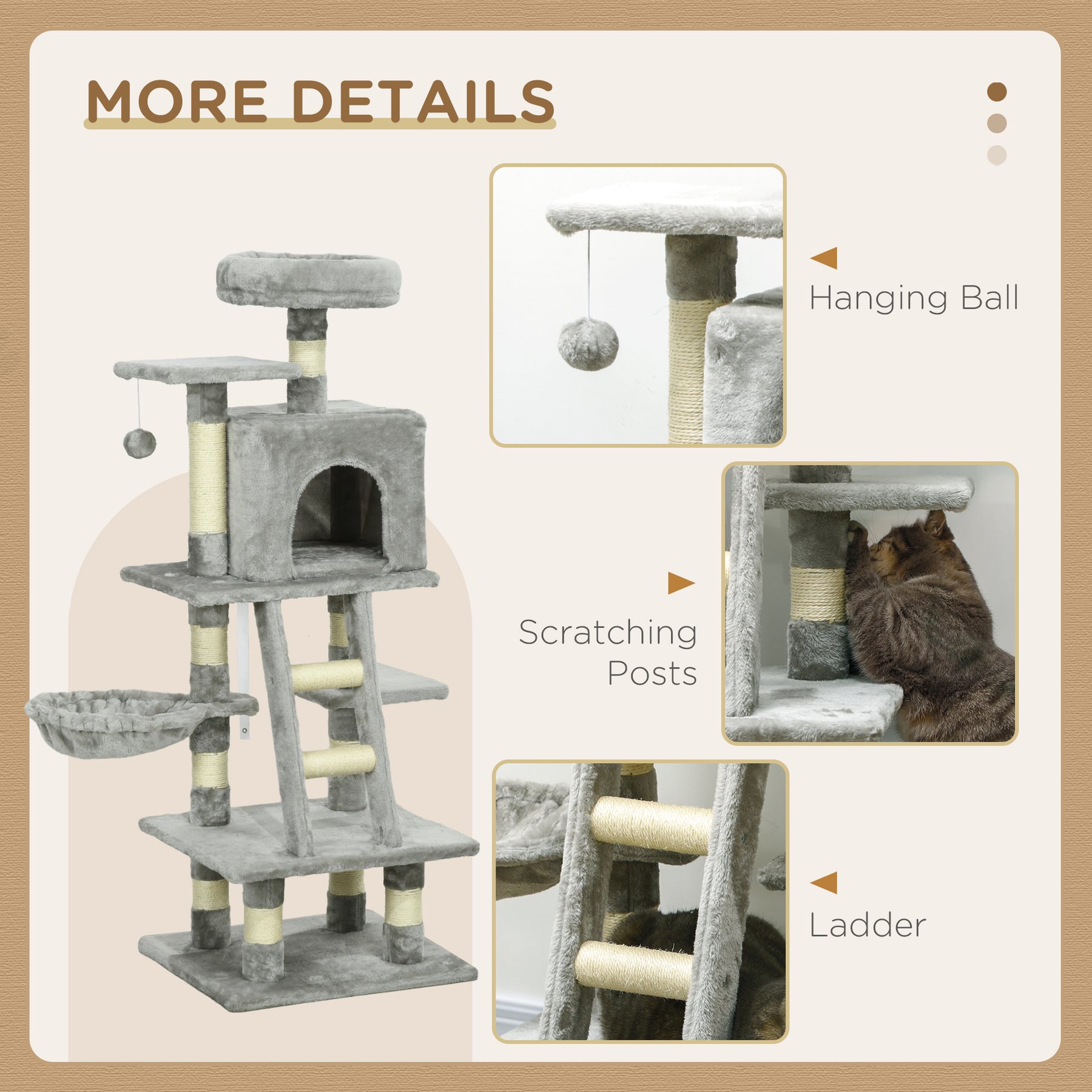 Cat Tree with Scratching Post, House, Hammock, Grey