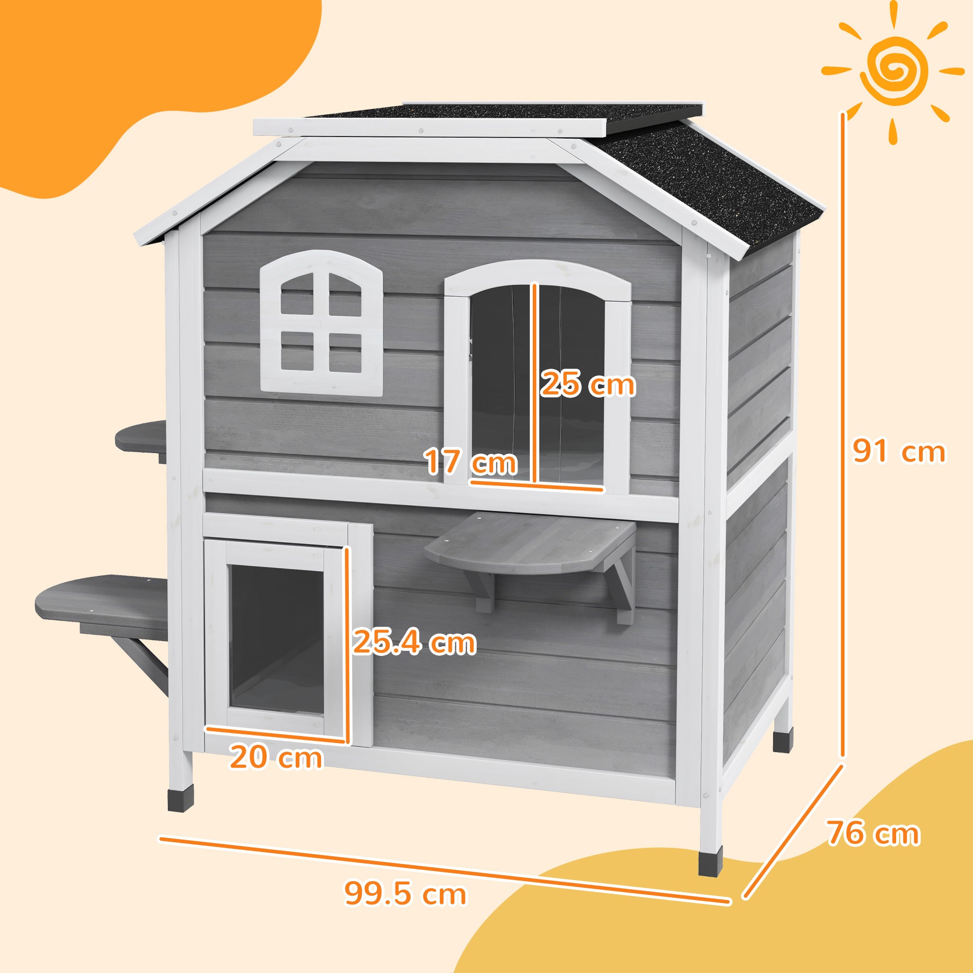 Solid Wood Cat Condos Pet House Water Proof Outdoor 2-Floor Villa, Grey