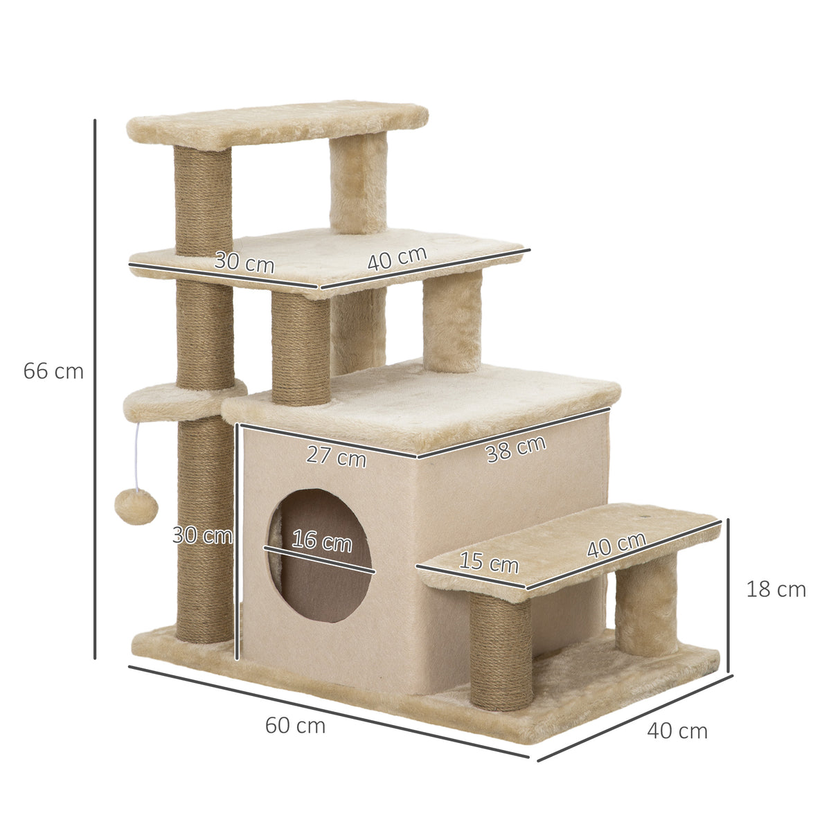 PawHut Adjustable Cat Steps, with House & Hanging Toy Ball - Beige PawHut