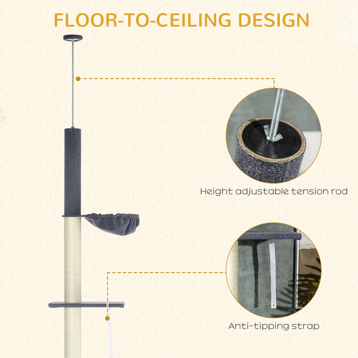 PawHut Floor to Ceiling Cat Tree 240-270cm with Hammock & Bed Floor to Ceiling Cat Trees PawHut