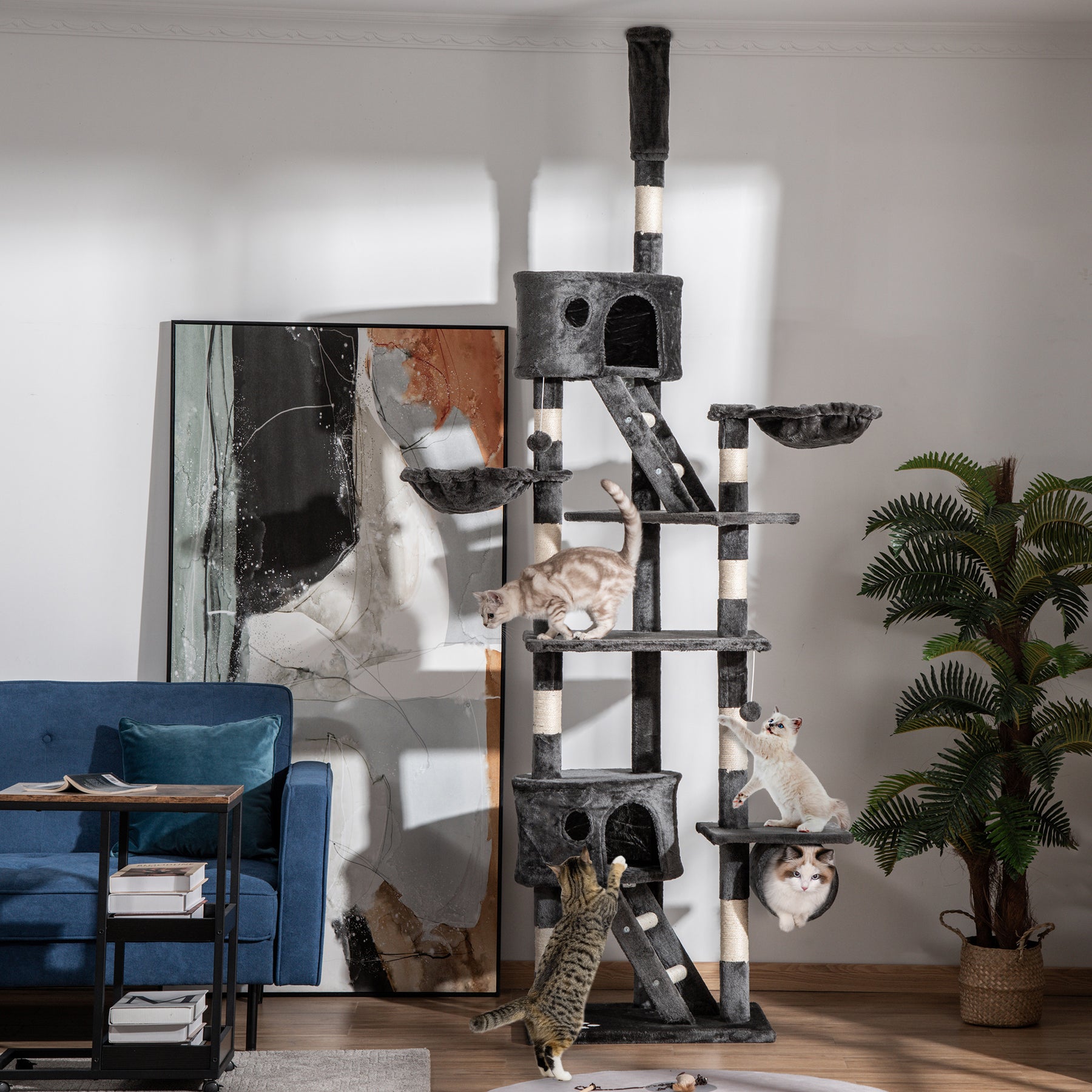 Cat Tower Floor-to-Ceiling Indoor Cat Tree, Adjustable Cat Post with Condos, Ramps, Hammocks, Toy Balls, Dark Grey