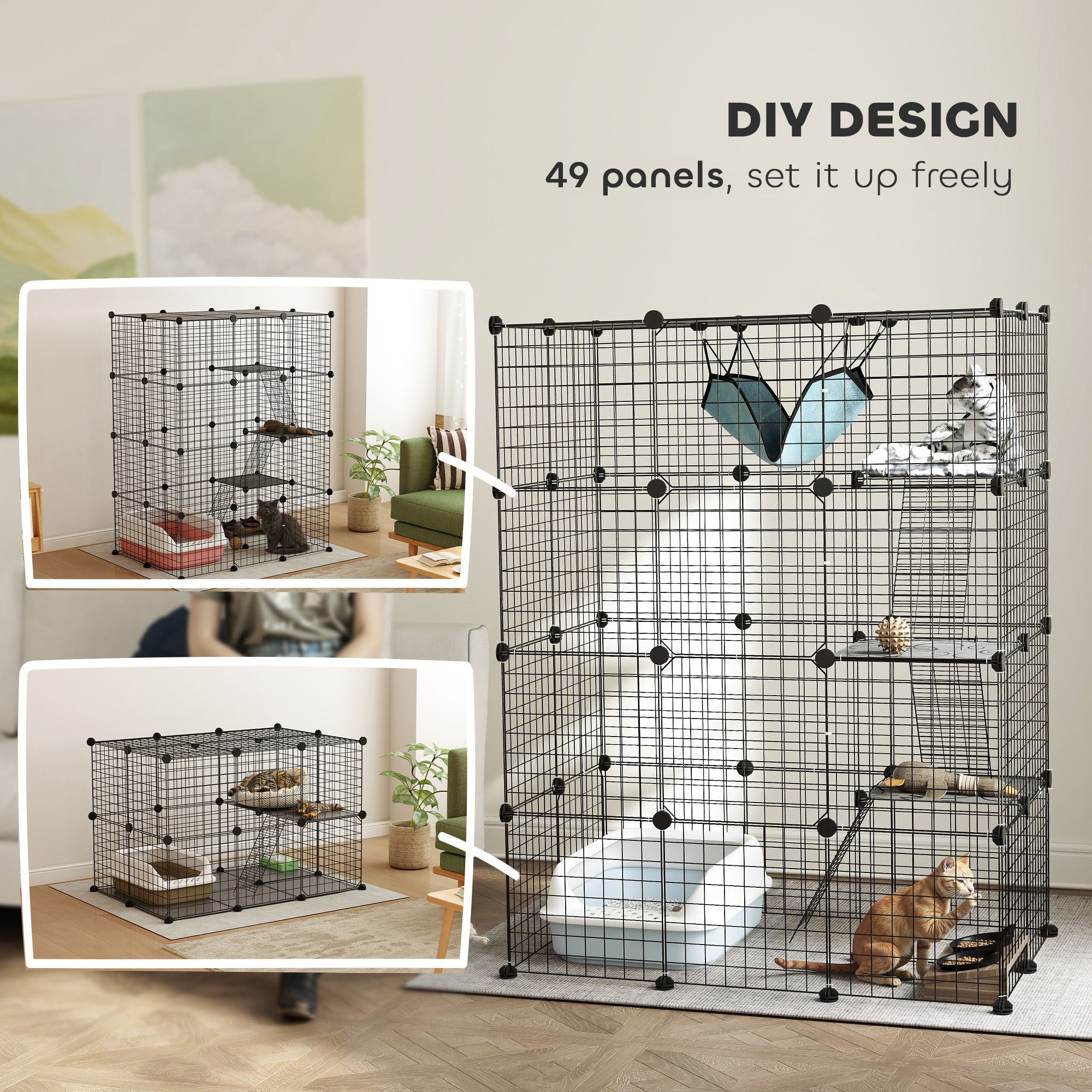 4-Tier DIY Large Cat Cage with Hammock, Ramps, 5 Doors, Indoor Use for 1-3 Cats, Black