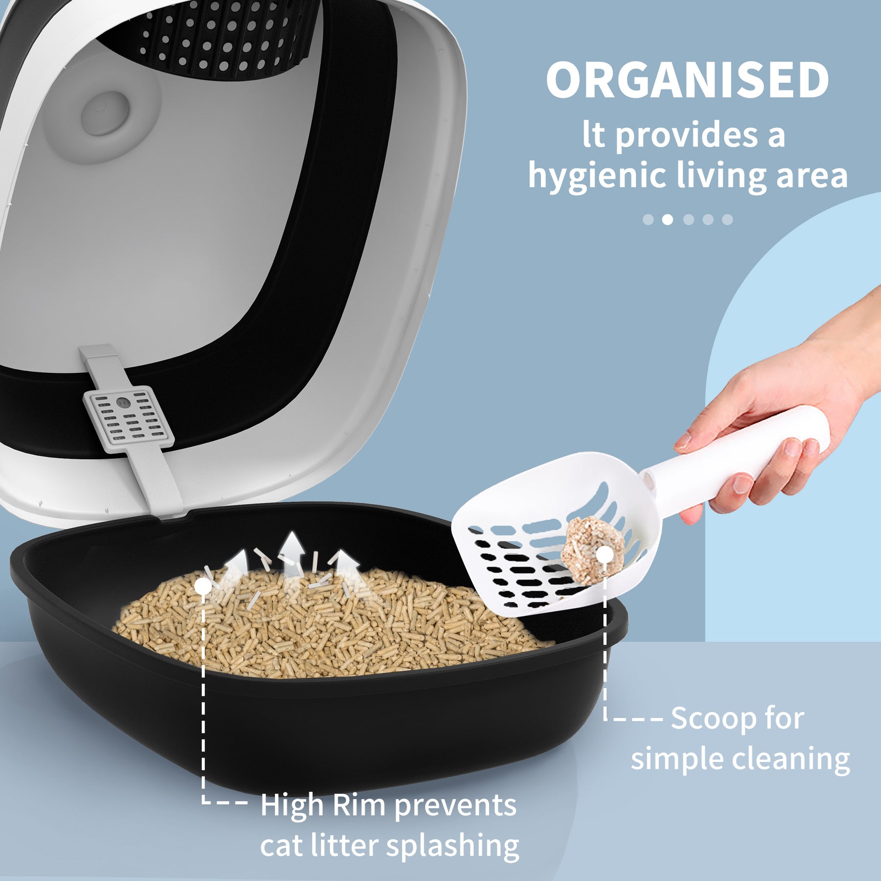 Foldable Cat Litter Tray with Lid, Deodorant, Scoop, Black