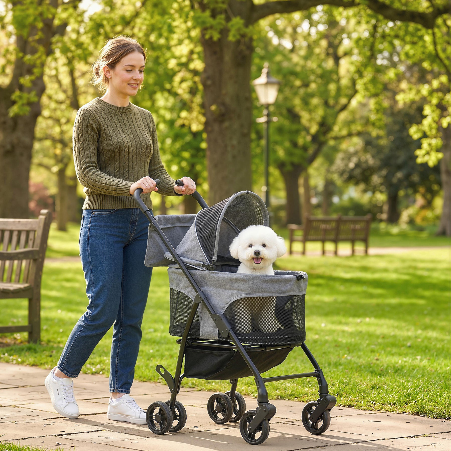 Pet Stroller, Foldable Dog Cat Stroller with Detachable Carrier, Wheels, Storage Basket, Secure Leash