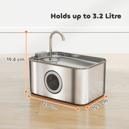 PawHut 3.2L Cat Water Fountain for Drinking, Cat Fountain Stainless Steel with Visible Water-Level Window, Ultra-Silent Pump PawHut