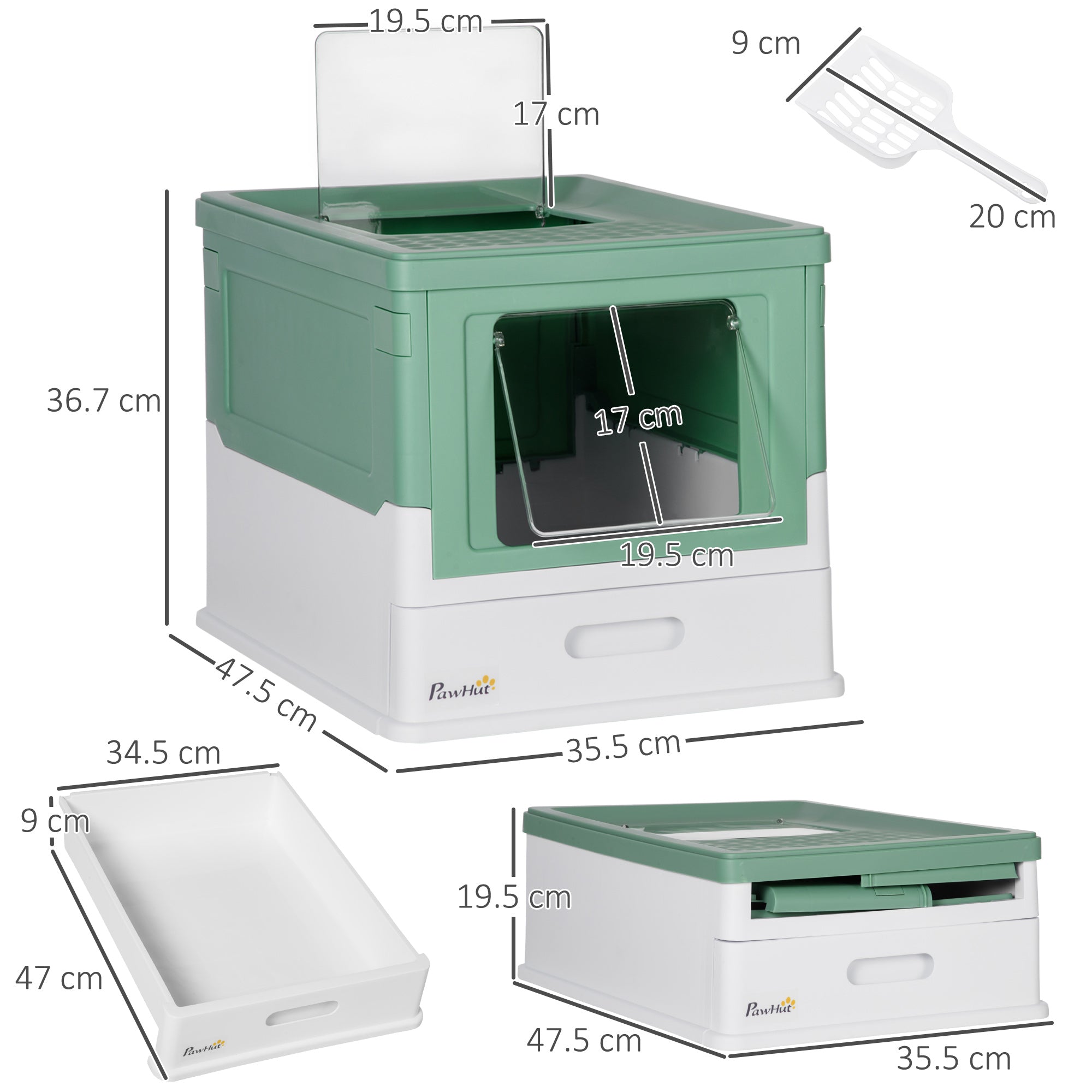 Enclosed Cat Litter Box with Scoop, Front Entry & Top Exit, Spacious Portable Pet Toilet, Green