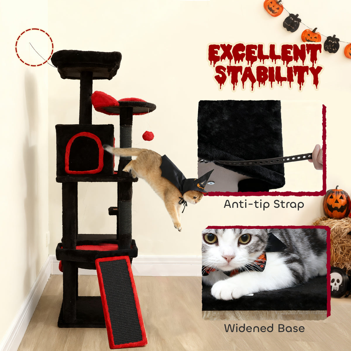 PawHut Gothic Cat Tree, 152 cm Multi-Level Cat Tower for Large Cats with Coffin Bed, Large Condo, for Halloween PawHut