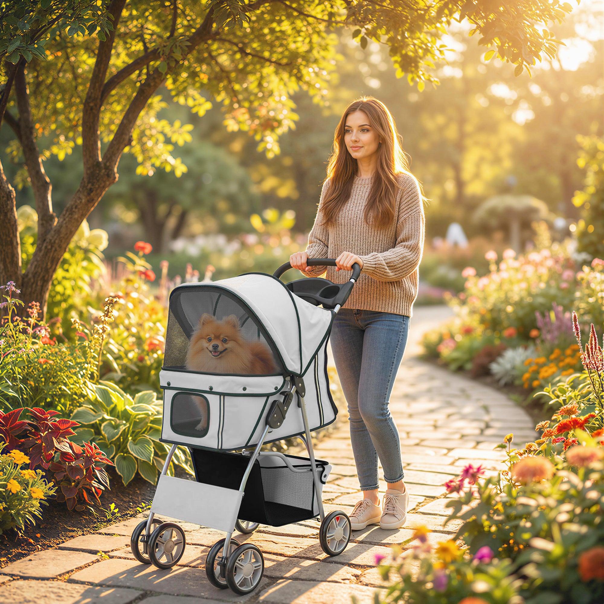 Dog Pram, Pet Stroller with Reflective Strips, Foldable Cat Stroller with 360° Swivel Wheels, Grey