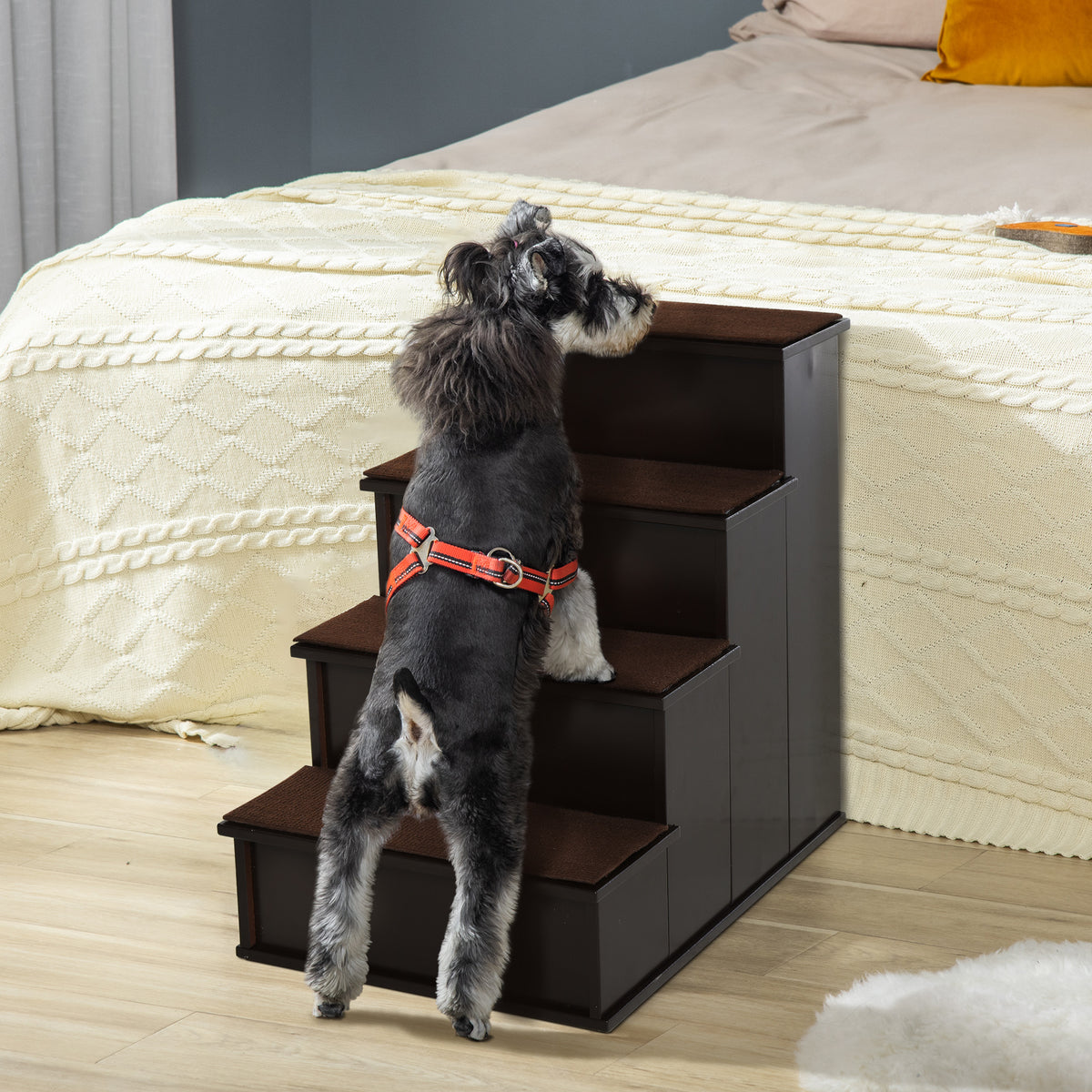 PawHut 4 Step Dog Steps for Bed, Wooden Dog Steps for Sofa, Pet Stairs for Bed Couch with Non-Slip Carpet for Cats and Puppies, 40 x 59 x 54.2 cm, Dark brown PawHut