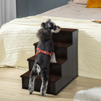 PawHut 4 Step Dog Steps for Bed, Wooden Dog Steps for Sofa, Pet Stairs for Bed Couch with Non-Slip Carpet for Cats and Puppies, 40 x 59 x 54.2 cm, Dark brown PawHut