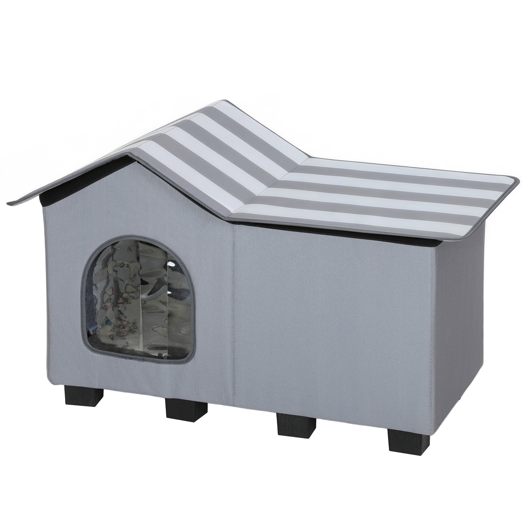 Outdoor Cat House, Weatherproof Feral Cat Cave with Elevated Base and Cushion for Winter, Grey