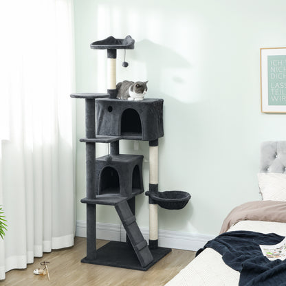PawHut 180cm Large Cat Tree Tower with Sisal Scratching Posts, Condos, Plush Perches, Hammock, Ladder, Dark Grey PawHut