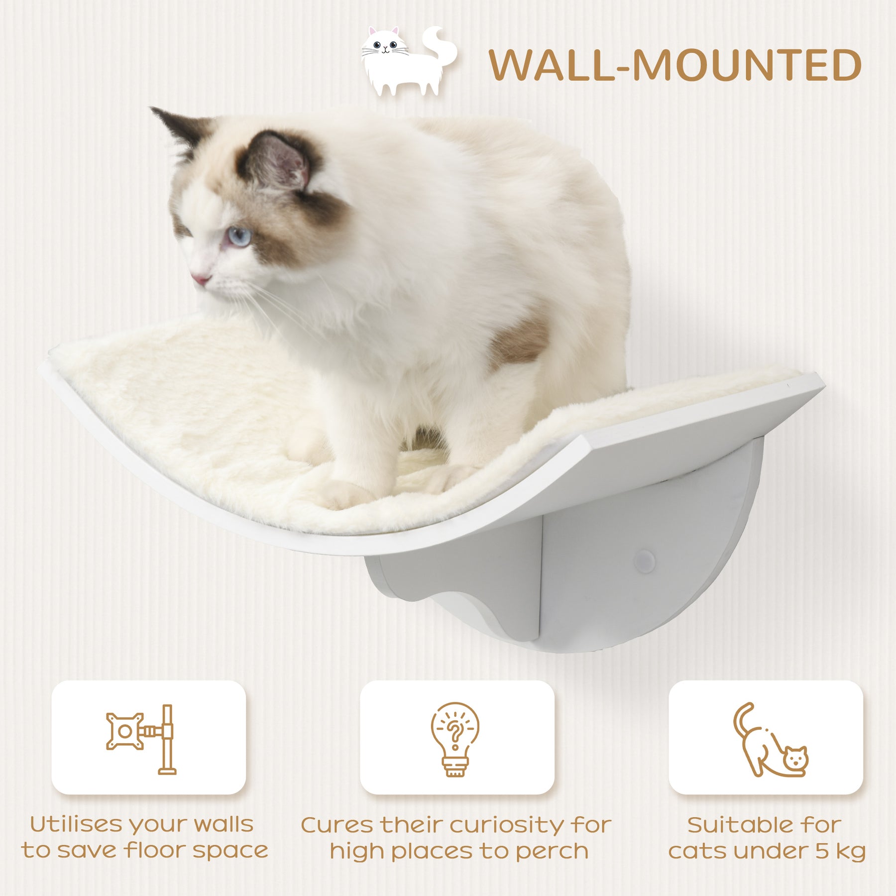 Wall-Mounted Wood Cat Shelves, Curved Kitten Bed, Climber Perch, Modern Cat Furniture
