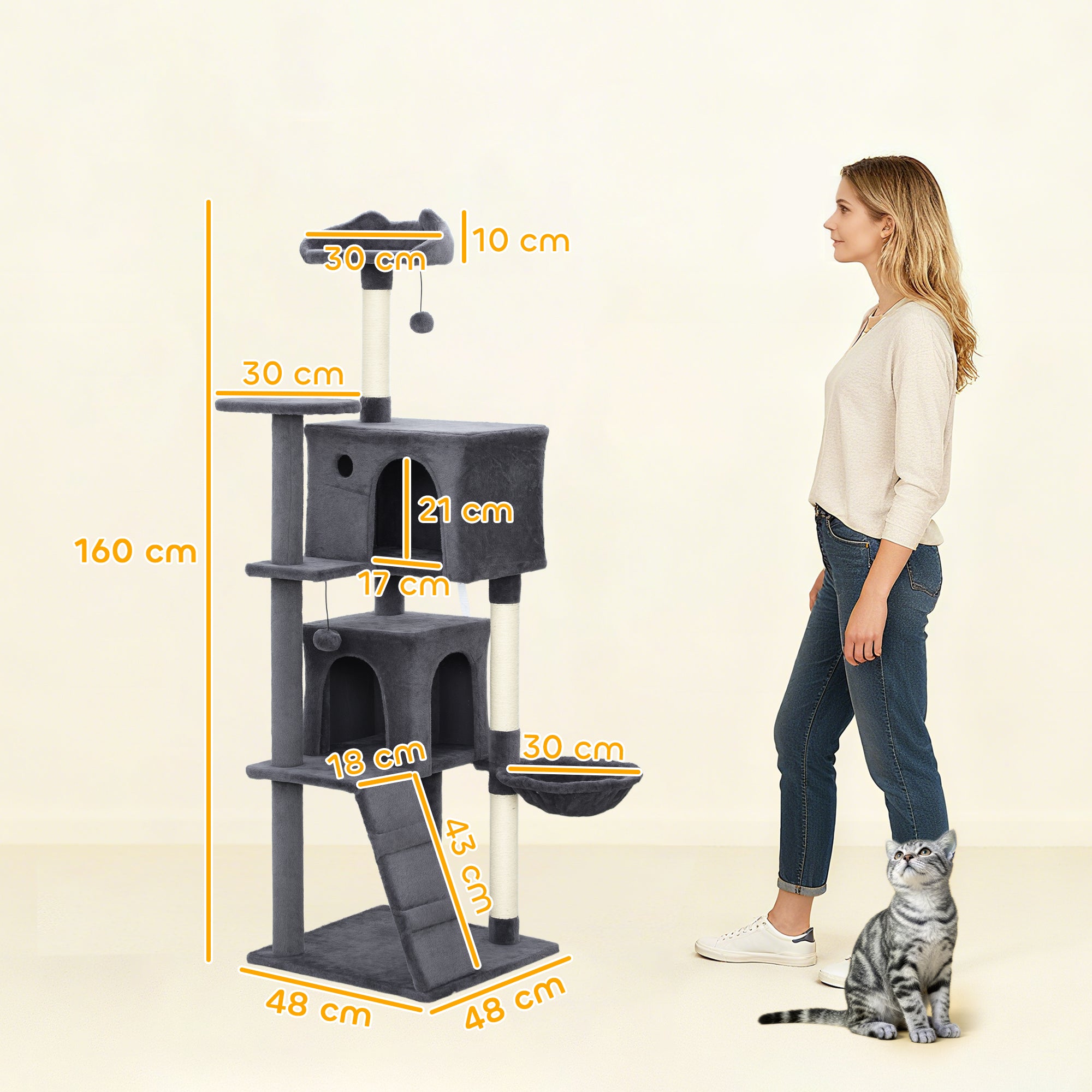 Large Cat Tree Tower with Sisal Scratching Posts, Condos, Plush Perches, Hammock, Ladder, Dark Grey