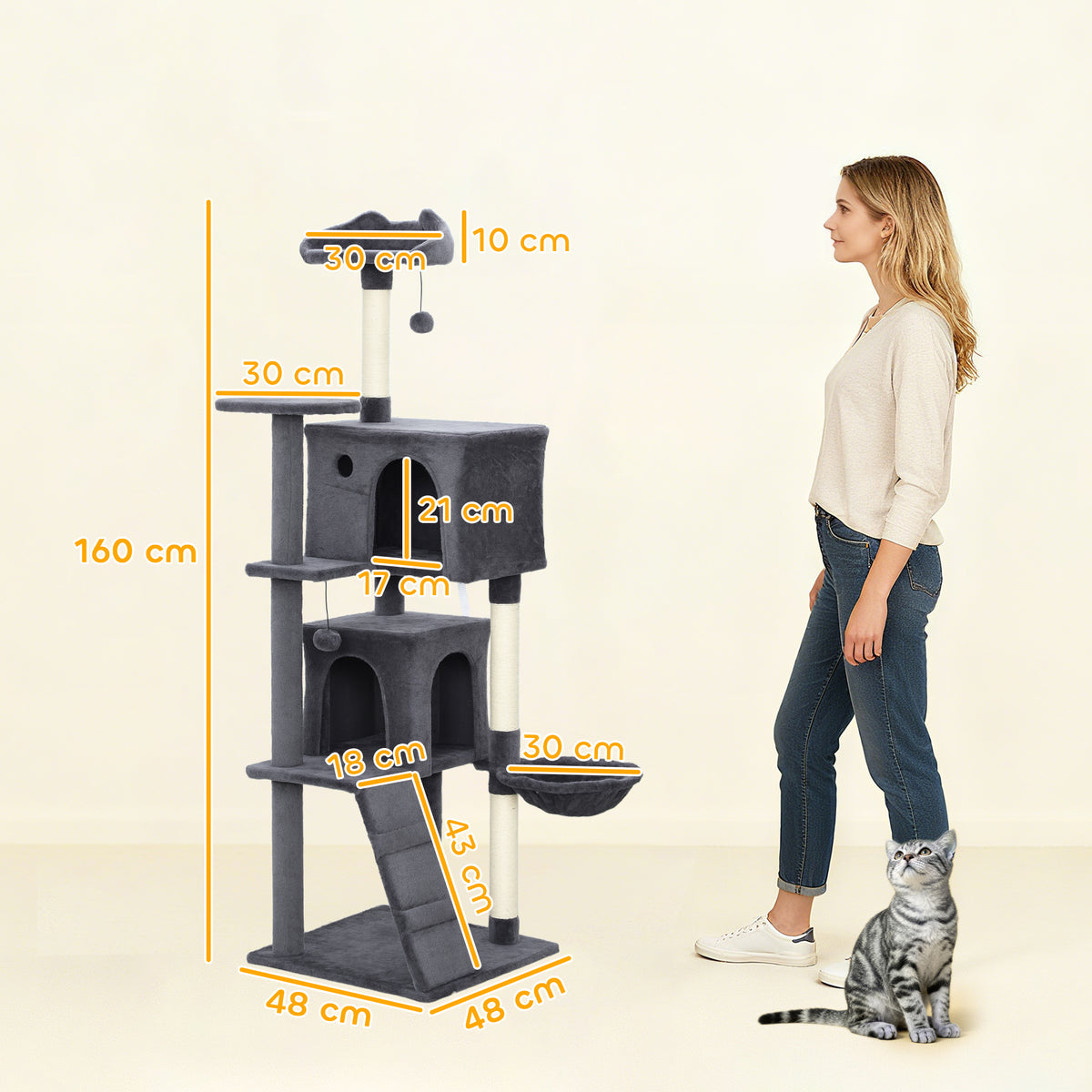PawHut 160cm Large Cat Tree Tower with Sisal Scratching Posts, Condos, Plush Perches, Hammock, Ladder, Dark Grey PawHut