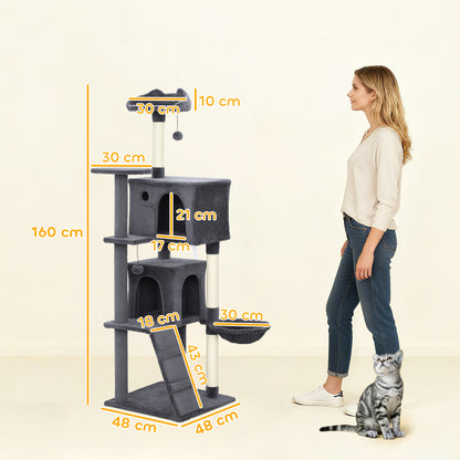 PawHut 160cm Large Cat Tree Tower with Sisal Scratching Posts, Condos, Plush Perches, Hammock, Ladder, Dark Grey PawHut