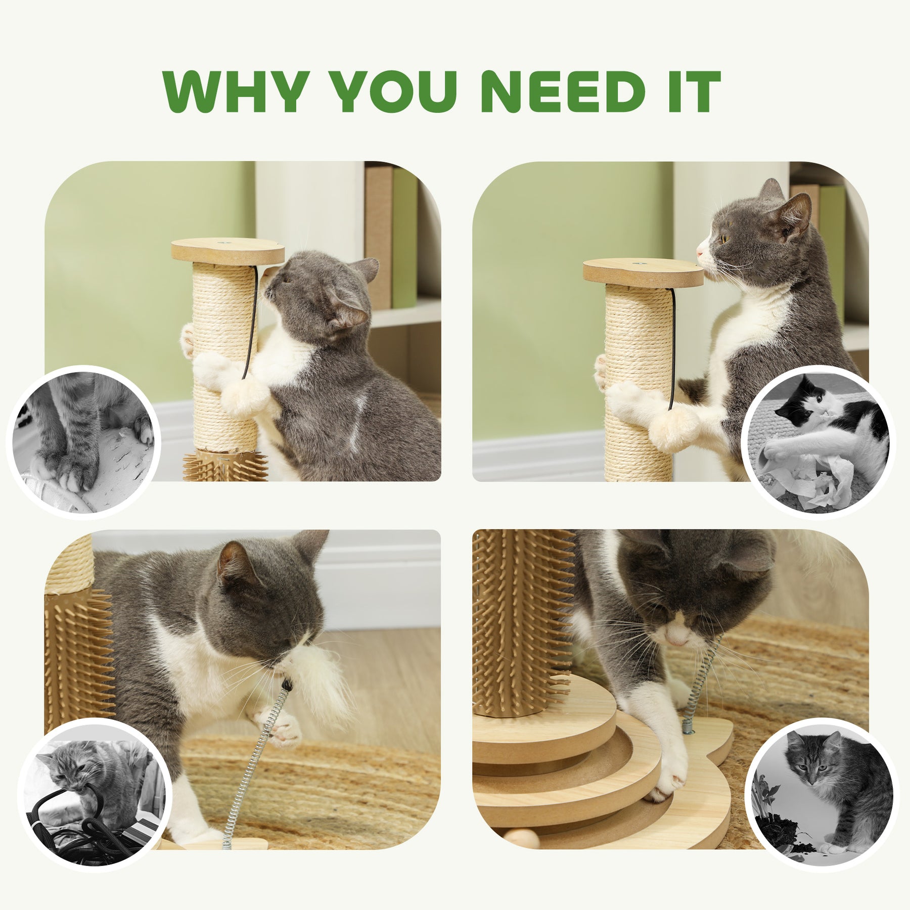 Scratching Post, 5 in 1 Cat Post with Sisal Post, Track Ball Toy, Self Grooming Brush, Hanging Toy Ball, Feather, Oak