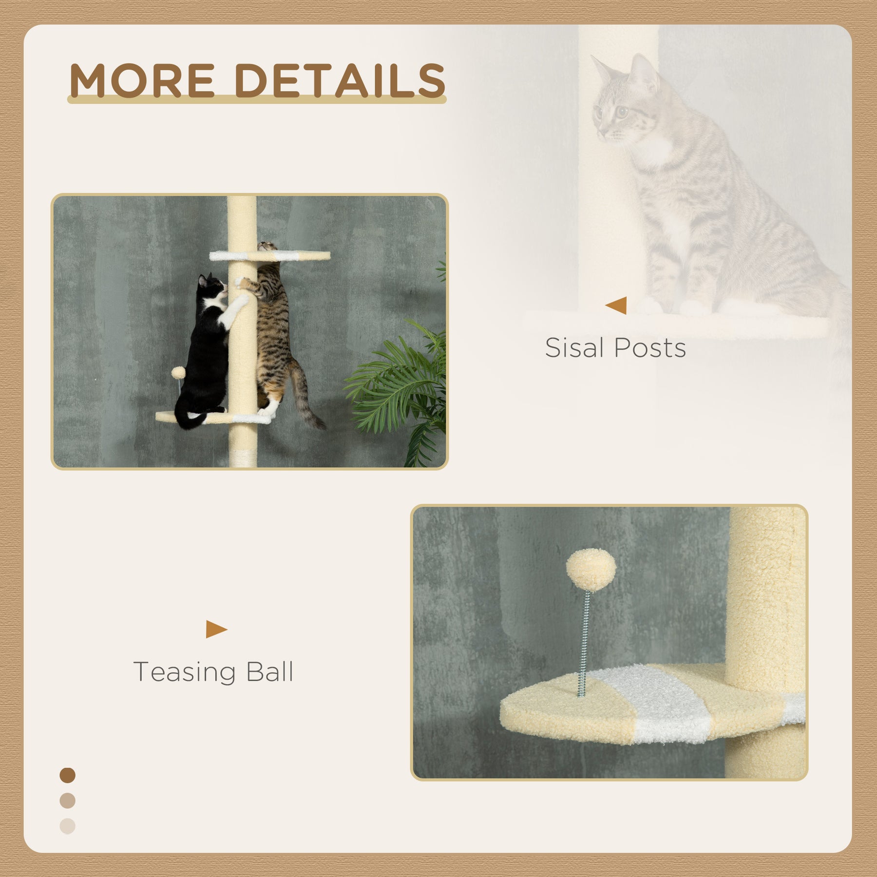 Cat Tower Cat Tree, Floor to Ceiling, Height Adjustable with Anti-slip Kit and Fish-shaped Scratching Post Ball, Yellow