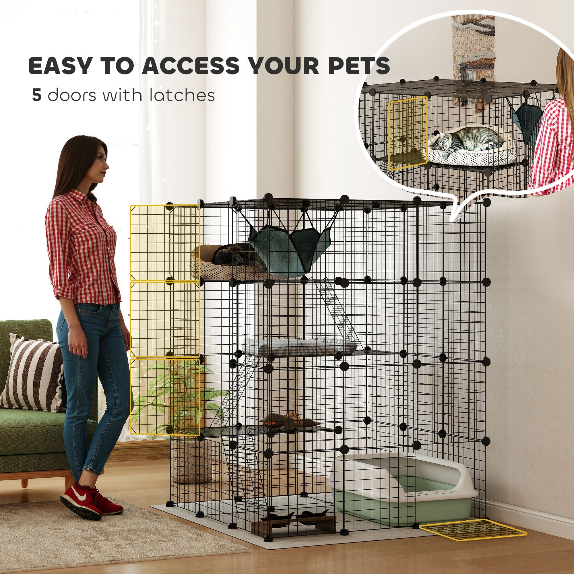 Steel Wire Cat Cage Indoor with Hammock, Ramps, Doors, DIY Cat Enclosure for 1-3 Cats, Black