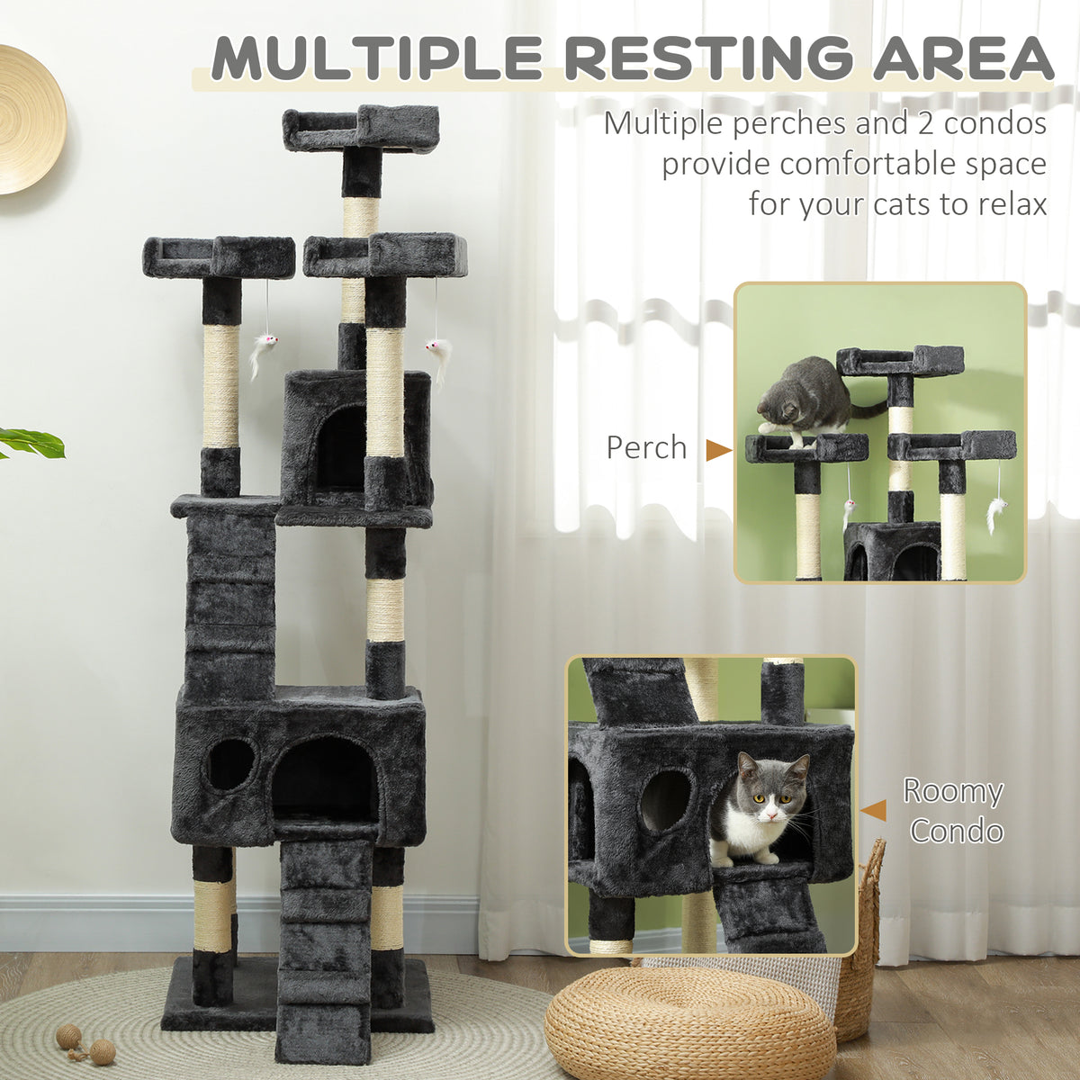 PawHut Tall Cat Tree with 2 Houses, 3 Perches & Scratching Posts Cat Tree PawHut