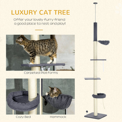 PawHut Floor to Ceiling Cat Tree 240-270cm with Hammock & Bed Floor to Ceiling Cat Trees PawHut