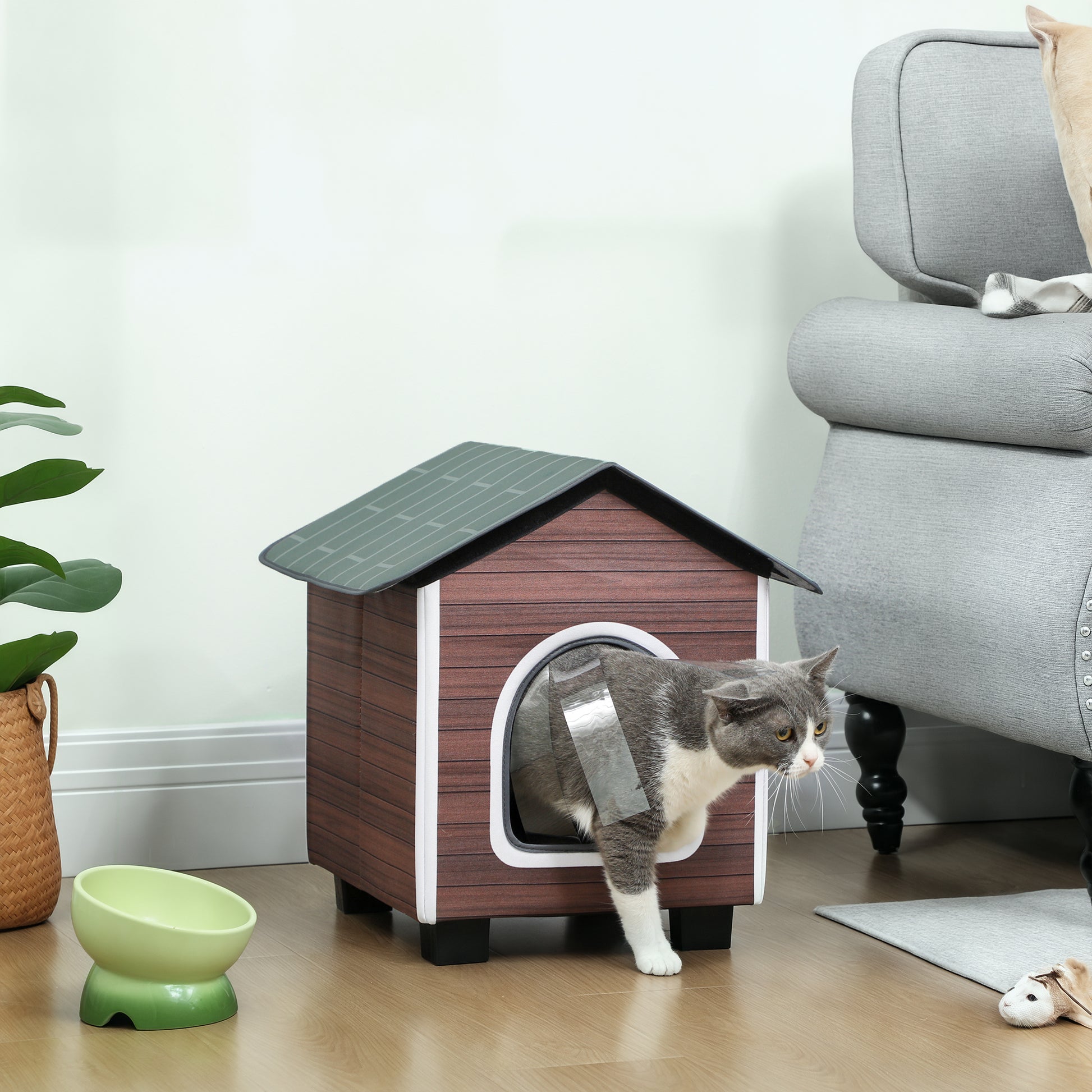 Insulated Outdoor Cat House, Waterproof Feral Cat Shelter with Elevated Base and Cushion, Red-brown
