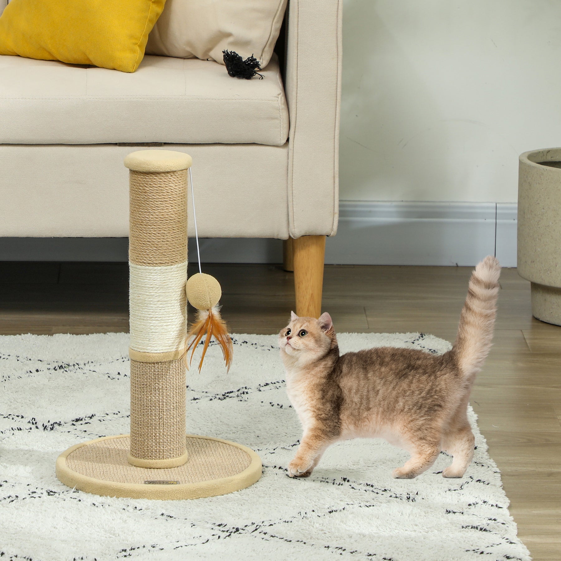 Cat Scratching Post for Indoor Cats, Cat Scratcher with Jute Sisal Rope, Hanging Toy Ball, Feather, Brown
