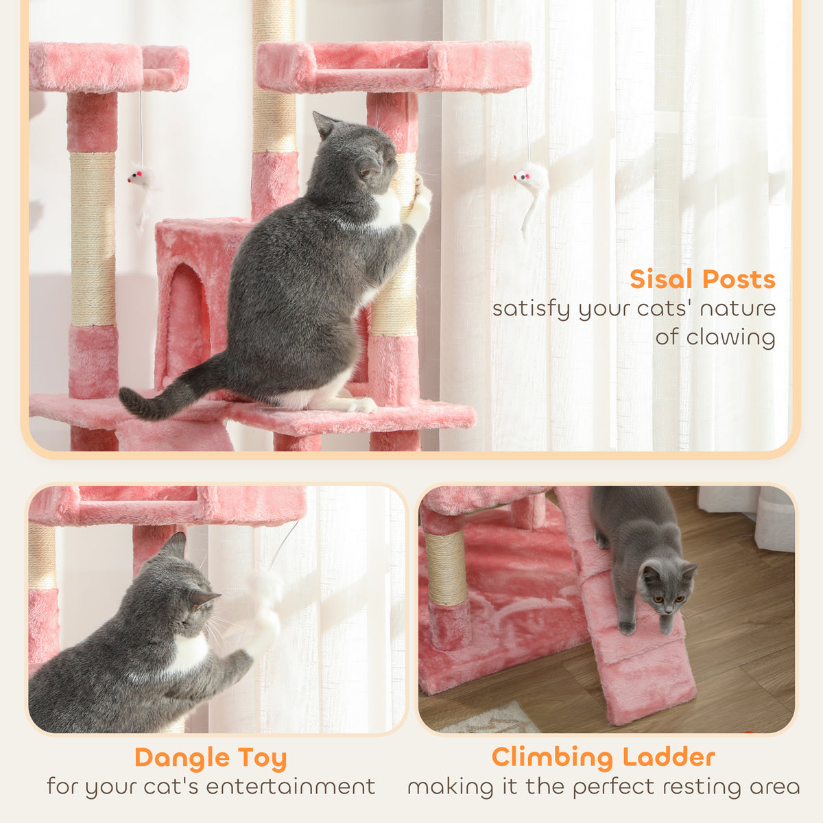 PawHut 173cm Cat Tree Scratching House, Activity Play Centre, Pink PawHut