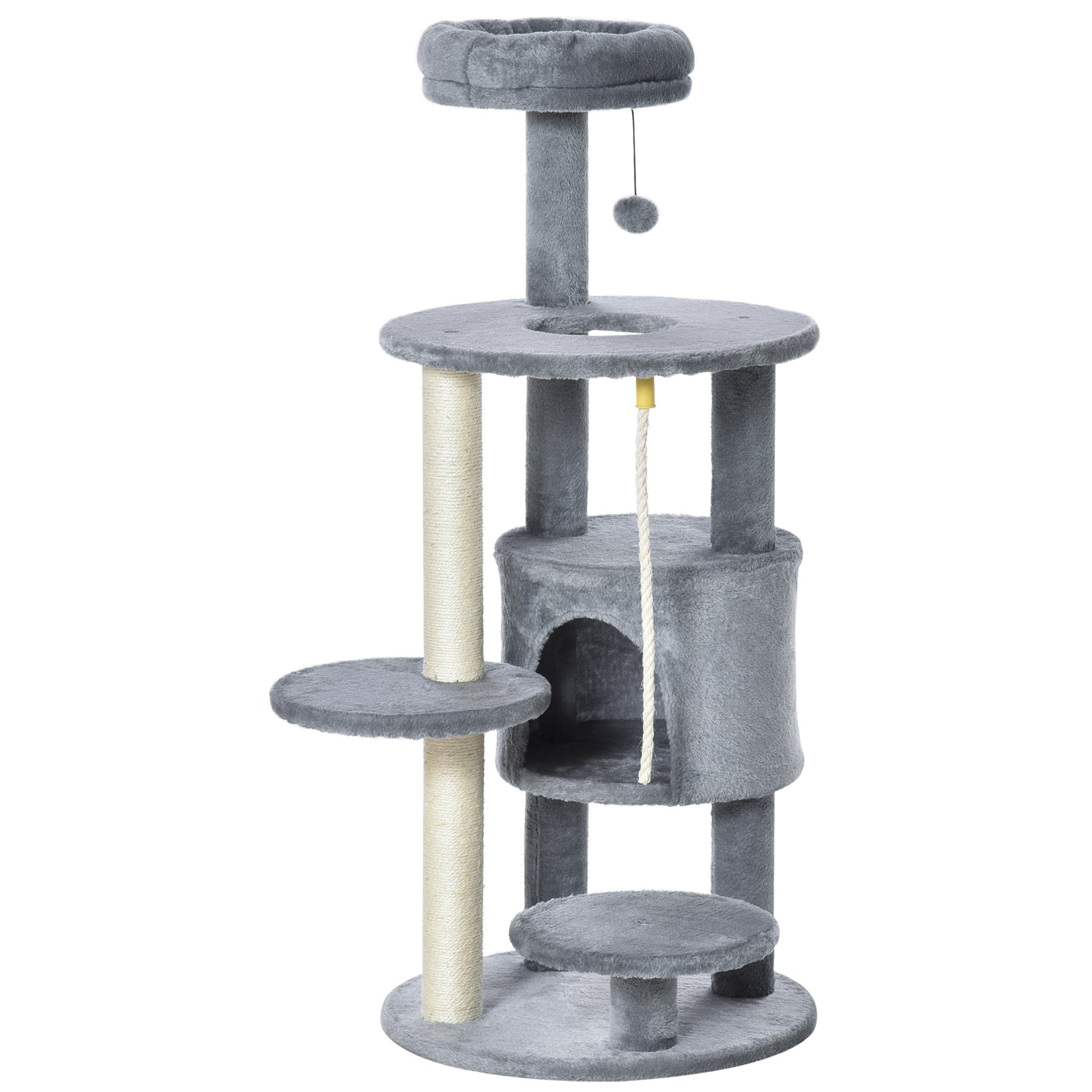 Cat Tree Tower with Jute Scratching Post, Perch, Hanging Ball, Teasing Rope for Climbing Kittens, Dark Grey
