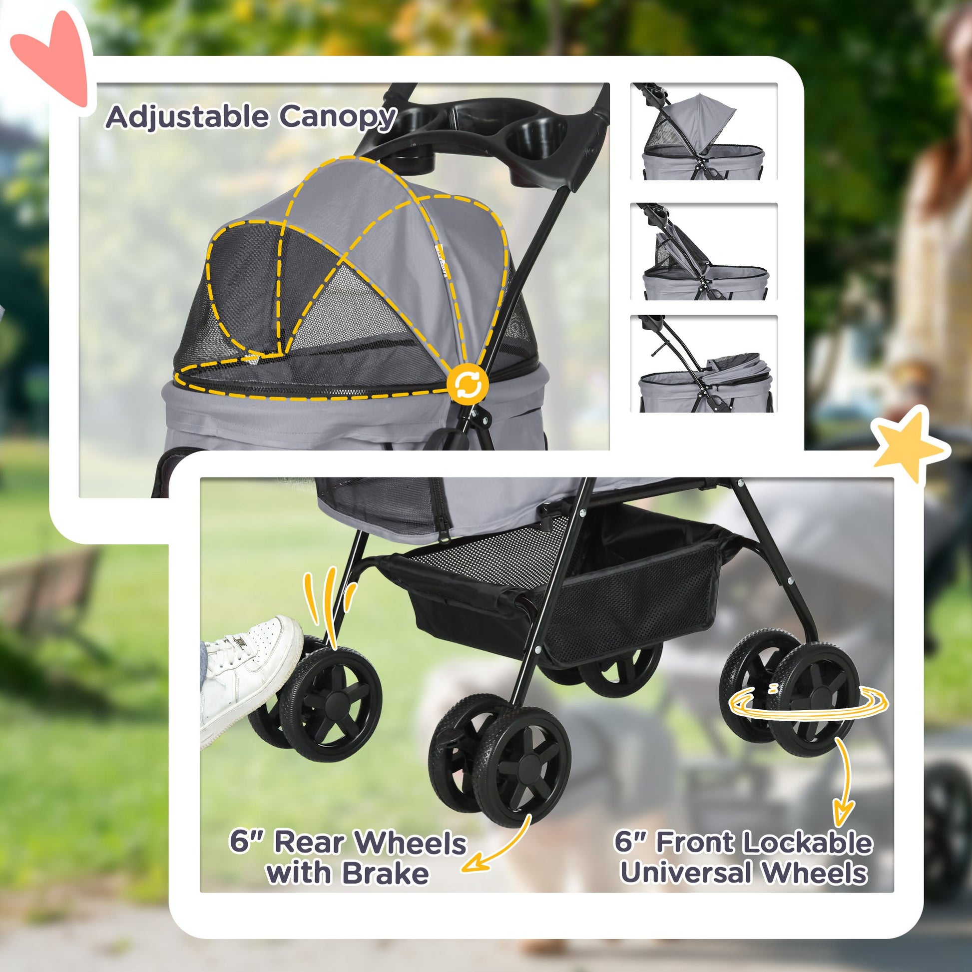 No Zip Pet Stroller Dog Cat Travel Pushchair One Click Fold Aosom UK