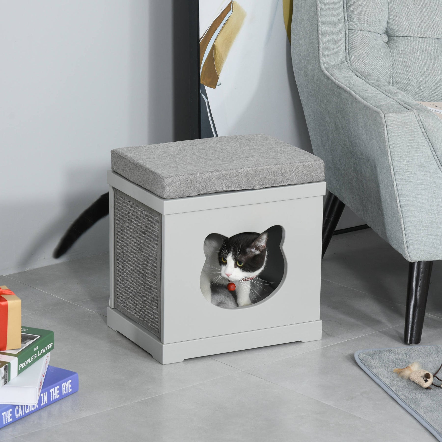 Cat House Bed Kitten Cave Cube Indoor for Small Pet with Removable Sisal Scratching Pads Soft Cushions, Grey